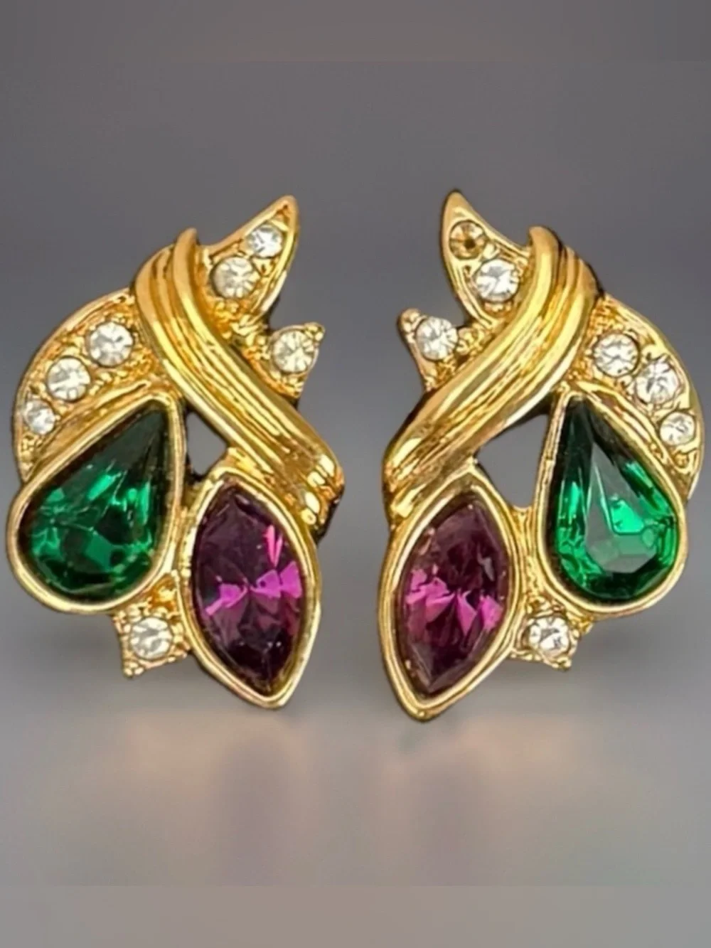 Vintage goldtone, festive green red and clear bling holiday pierced earrings